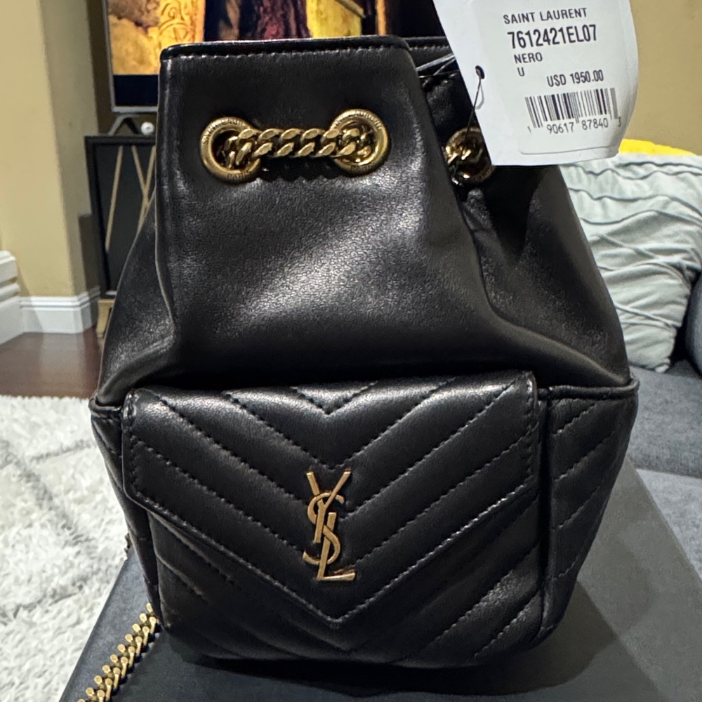 Saint Laurent Black Leather Backpack with Gold Accents